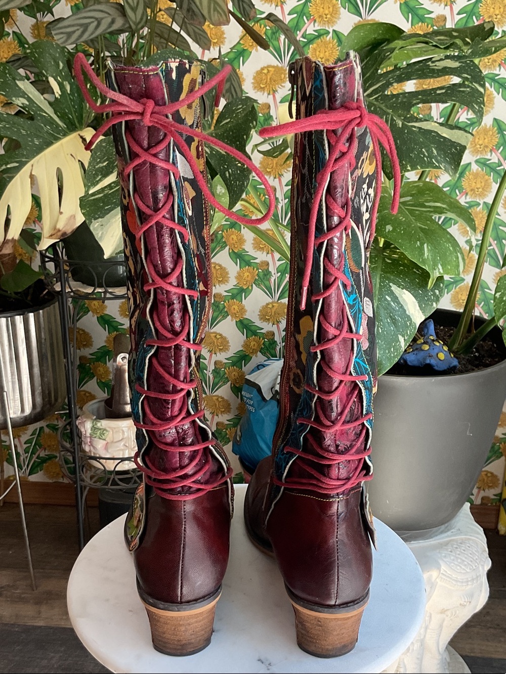 Floral Pattern Burgundy Leather-Trim Women's Knee Boots - Picture 4 of 7